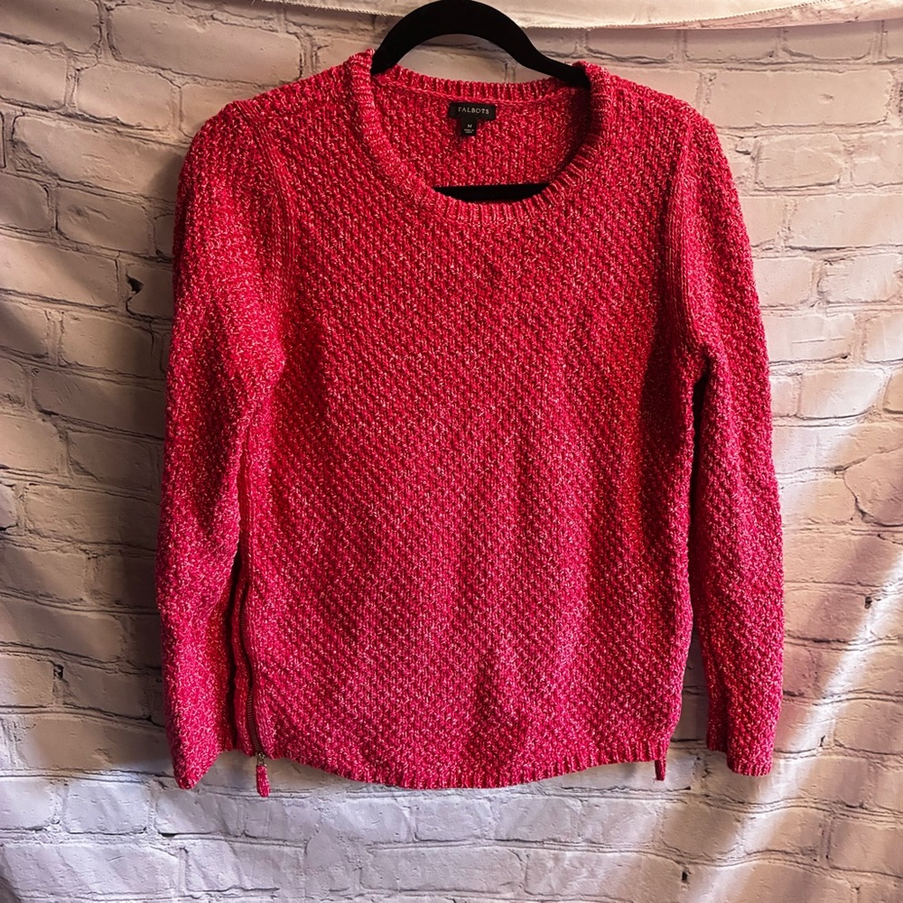 Talbots Womens Cotton Knit Crew Neck Sweater Zip Sides Valentines Red White Sz M